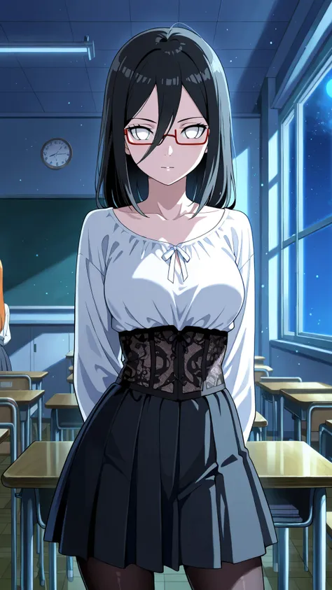 BREAK (masterpiece:1.2), best quality, high resolution, unity 8k wallpaper, (illustration:0.8),Anime-style classroom at night, moonlight shining through the windows, soft glow reflecting on empty desks, faint dust in the air, calm and slightly melancholic ...