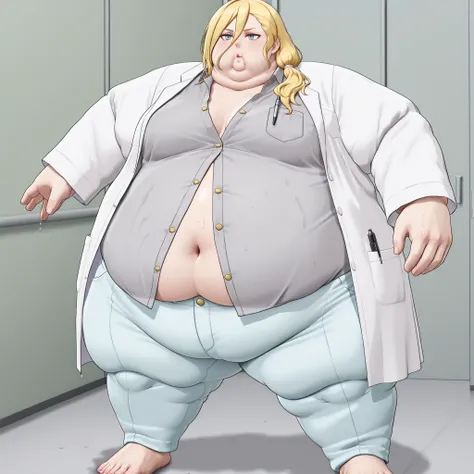 La_Monica
1girl, solo, blonde hair, long hair, side ponytail, hair between eyes, small breasts,
hair tie, white hair tie,
lab coat, white lab coat, shirt, gray shirt, shirt with golden buttons, unbuttoned shirt, light blue pants, chest pocket, pen in chest...