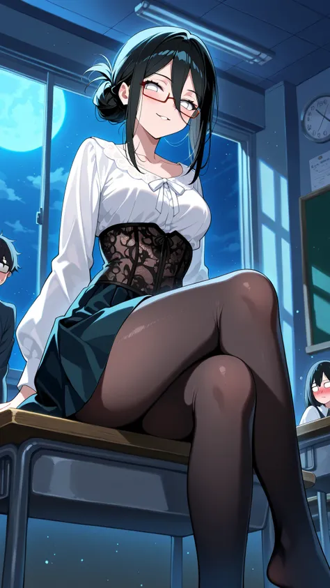 BREAK (masterpiece:1.2), best quality, high resolution, unity 8k wallpaper, (illustration:0.8),Anime-style classroom at night, moonlight shining through the windows, soft glow reflecting on empty desks, faint dust in the air, calm and slightly melancholic ...