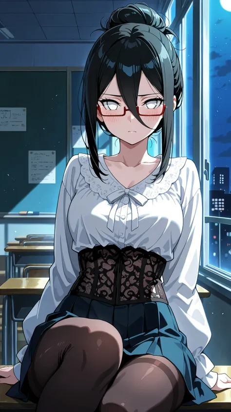 BREAK (masterpiece:1.2), best quality, high resolution, unity 8k wallpaper, (illustration:0.8),Anime-style classroom at night, moonlight shining through the windows, soft glow reflecting on empty desks, faint dust in the air, calm and slightly melancholic ...