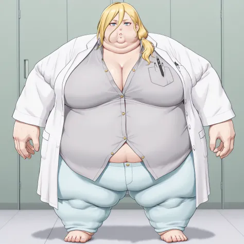 La_Monica
1girl, solo, blonde hair, long hair, side ponytail, hair between eyes,
hair tie, white hair tie,
lab coat, white lab coat, shirt, gray shirt, shirt with golden buttons, unbuttoned shirt, light blue pants, chest pocket, pen in chest pocket, blank_...