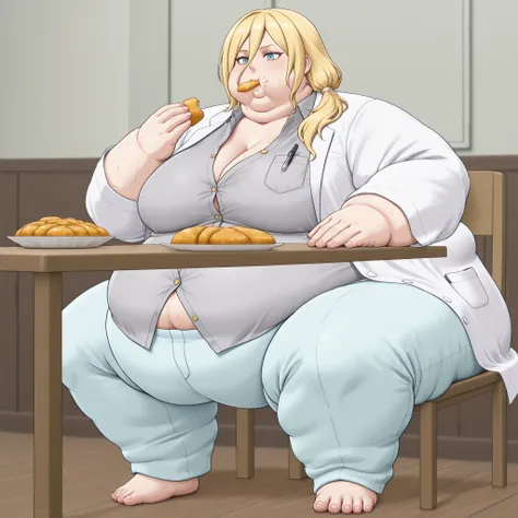 La_Monica
1girl, solo, blonde hair, long hair, side ponytail, hair between eyes,
hair tie, white hair tie,
lab coat, white lab coat, shirt, gray shirt, shirt with golden buttons, unbuttoned shirt, light blue pants, chest pocket, pen in chest pocket, blank_...