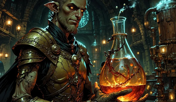A human-looking but deeply unsettling necromancer brewmaster, with pale skin stretched over angular features and eyes dilated in macabre ecstasy fixed on the Erlenmeyer flask he holds with hands trembling with morbid excitement. The medieval Erlenmeyer fla...