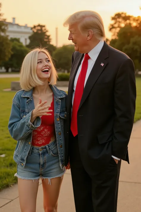 8k resolution surreal realistic scene of a 16-17-year-old Japanese girl with a blonde bob haircut, brown almond eyes, and a bright, playful, mischievous smile, wearing an unbuttoned denim jacket over a lacy red bralette and unzipped short denim shorts, int...