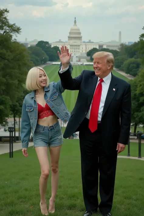 8k resolution surreal realistic low angle shot looking up at a 16-17-year-old Japanese girl with a blonde bob haircut, brown almond eyes, and a bright, playful, mischievous smile, wearing an unbuttoned denim jacket over a lacy red bralette and unzipped sho...