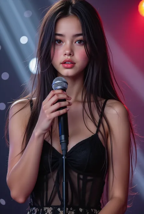 Very beautiful young teenage girl dengan rambut hitam medium lurus, has perfect small breasts, is performing on the concert stage. She holds the microphone with a stunning stunt, wearing a sexy sailor mars costume, sarung tangan hitam. The atmosphere of th...