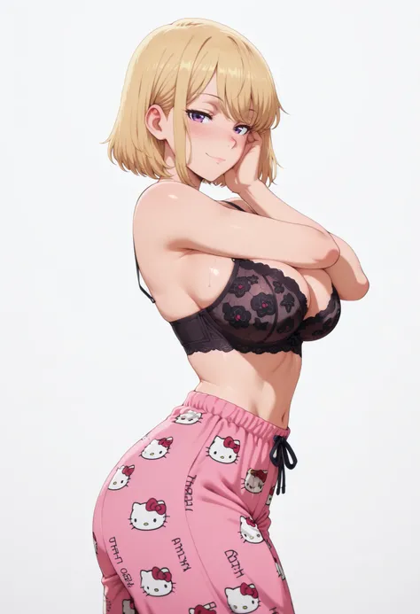 masterpiece, best quality, amazing quality, 1girl, solo, looking at viewer, blushing,, mature girl,side view, light smile, seductive, short hair, blonde hair, purple eyes, , ,bubble breasts, seductive twist, exaggerated voluptuous figure with impossibly la...