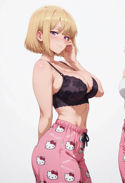 masterpiece, best quality, amazing quality, 1girl, solo, looking at viewer, blushing,, mature girl,side view, light smile, seductive, short hair, blonde hair, purple eyes, , ,bubble breasts, seductive twist, exaggerated voluptuous figure with impossibly la...