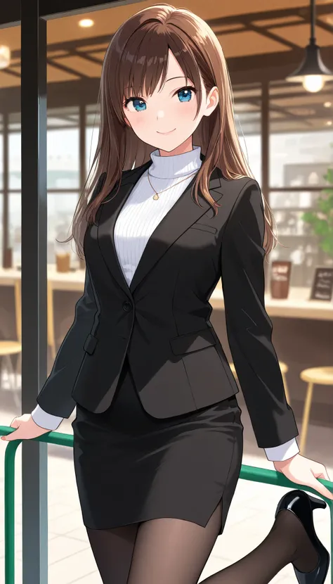 cowboy shot、masterpiece, Best Quality,  very detailed on playground equipment, Thin legs、 Beautiful Details, Fine texture, Fine skin,  very cute girl Alone, Happy smile, closed mouth, rouge lips, Deep Blue Eyes , Brown Hair,  Right-parted bangs, (( Long Sl...