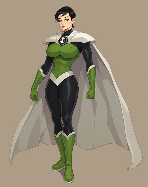 {{masterpiece, ultra-high quality, professionally detailed, professionally shaded}}, 1girl, short hair,black hair, cape,solo, huge breasts, thick thighs, wide hips, slim waist, white cape, superhero bodysuit, black bodysuit, green eyes, ben10, white cape, ...