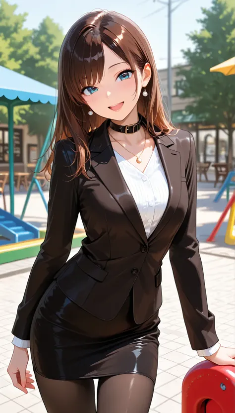 cowboy shot、masterpiece, Best Quality,  very detailed on playground equipment, Thin legs、 Beautiful Details, Fine texture, Fine skin,  very cute girl Alone, Happy smile,open mouth, rouge lips, Deep Blue Eyes , Brown Hair,  Right-parted bangs, (( Long Sleev...