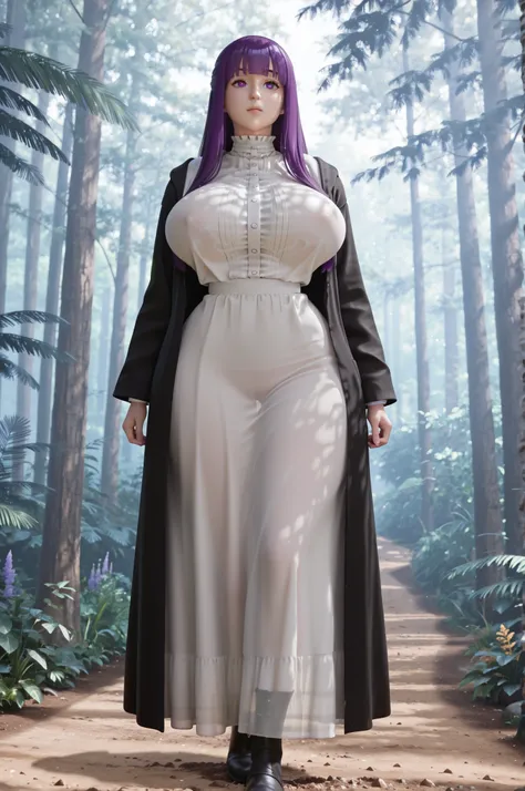 masterpiece, best quality, perfect quality, absurdres, highres, newest, absolutely eye-catching, intricate, highly detailed, detailed background, highly detailed face, detailed eyes, 1girl, fern, fern \(sousou no frieren\), purple hair, long hair, huge bre...