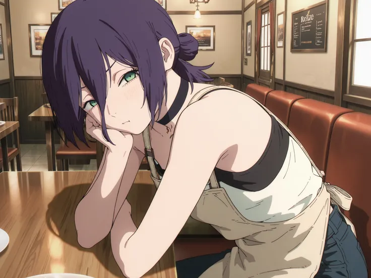 (masterpiece, detailed:1.2),best quality, newest, very awa, masterpiece, best quality, absolutely absurdres,proportional body, proportional1:1.2, beautiful hair, beautiful face, newest, anime screencap, ultra detail, reze, black choker, purple hair, choker...