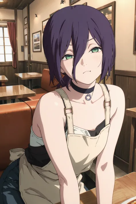 (masterpiece, detailed:1.2),best quality, newest, very awa, masterpiece, best quality, absolutely absurdres,proportional body, proportional1:1.2, beautiful hair, beautiful face, newest, anime screencap, ultra detail, reze, black choker, purple hair, choker...