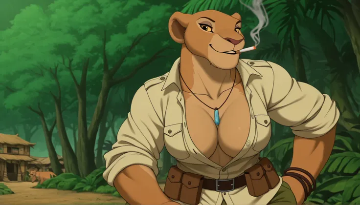 nala as anthropomorphic lioness princess in a jungle village, Nala, yellow eyes, (makeup), ((anthro)), lioness, necklace, bracelets, (military uniform), adventurer, ((safari outfit)), (beige button down shirt), collarbone, ((cleavage)), ((unbuttoned shirt)...