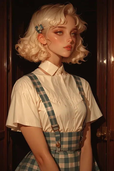 1950s vintage fashion illustration of a young woman wearing a plaid pinafore skirt with suspenders, short-sleeved white blouse, full flared skirt, soft curls in her hair, retro midcentury aesthetic