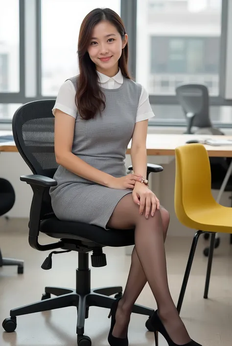 professional business portrait of a young Asian woman in an office environment. She's wearing a grey sleeveless dress over a white short-sleeved collared shirt, black sheer pantyhose and black high heels. she is in a black ergonomic office Posing in a chai...
