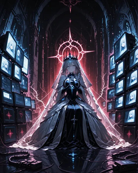  Masterpiece, ultra detailed, 4K resolution, cinematic soft lighting, emotional atmosphere, ethereal mood, still and haunting composition. A tall cybernetic priestess stands in silent stillness at the center of a vast digital cathedral. Her presence feels ...
