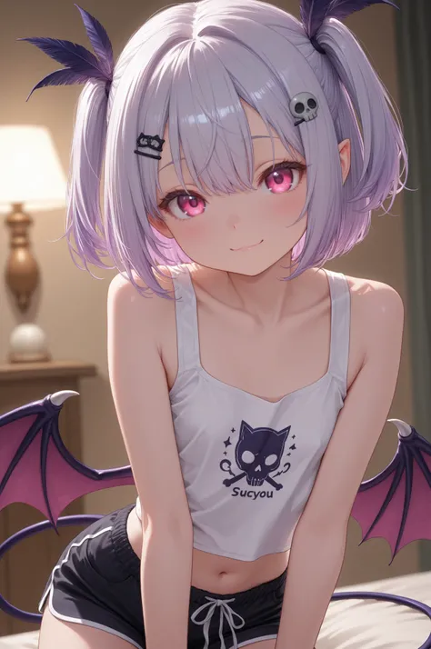 
①. elementary school girl, succubus girl, petite, flat chested and slightly bulging, Indigo bat wings growing from his waist, indigo succubus tail
②. Want You Spoil, small smile
③. Pink Eyes, Cat Eyes, Moist eyes, Childlike Face, Large Eyes,  Rounded face...