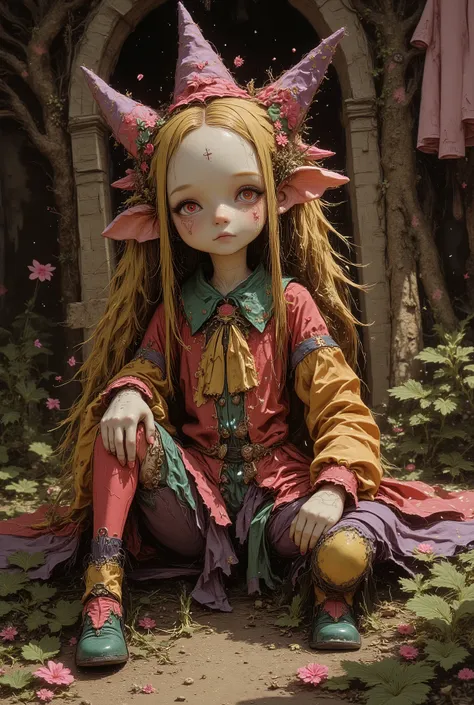 Conception de monstre RPG, Petite poupée de chiffon vivante, vêtements de bouffon colorés, Sa tête en paille avec un visage sculpté, a de la paille qui sort d'une petite déchirure.