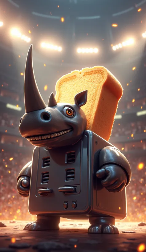 anime-style illustration of a rhino-like creature with a metallic toaster body and toast popping from its back, based on the reference image. the character stands heroically on a Japanese arena stage under bright spotlights, surrounded by cheering crowd, f...
