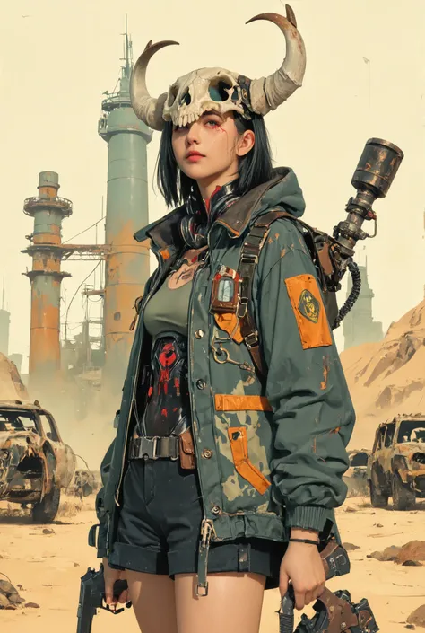 anime,cyberpunk,anime girl with a gun,wearing animal skull on head, digital cyberpunk anime art, postapocalyptic vibes, anime style illustration, alphonse mucha,