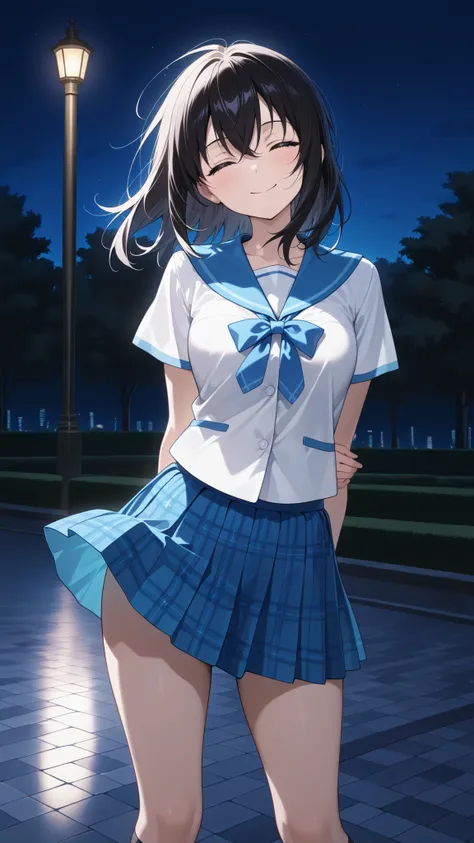 highres,absurdres,1girl,solo,aayukina,medium hair,black hair,closed eyes,school uniform,blue sailor collar,blue bow,white shirt,short sleeves,plaid miniskirt,blue skirt,black socks,night,park,dark,arm behind back,smile,contrapposto,accidental exposure,wind...