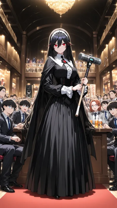 auction venue,Bidding,midnight, dark,オークショニアのwomanhood,standing behind a table holding a small wooden auction hammer in his hand,Speaker ,Standing behind a table,womanhood,Spectators,,cute,dynamic,Dramatic,anime,safe content(masterpiece, 最High Quality, Hig...