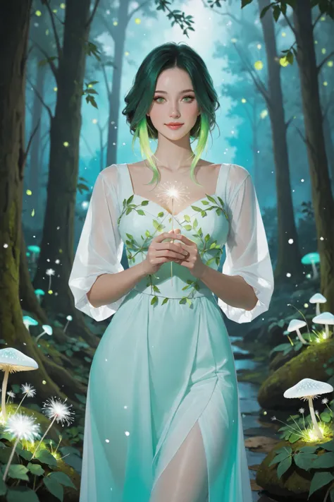 (masterpiece, best quality, ultra-detailed), 1girl, a beautiful teen girl with sparkling (green eyes) and long flowing (auburn hair). She is wearing a dress made of (glowing flowers and leaves). Enchanted forest setting, (bioluminescent mushrooms), (floati...