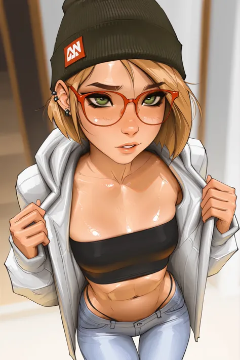 red rimmed glasses, short hair, green eyes, blonde hair, masterpiece, best quality, very aesthetic, movie quality, depth of field,soft saturation, focused subject, ,official style, shiny skin, 1girl, dark eyeliner, high top beanie, (darcy redd), shirow mas...
