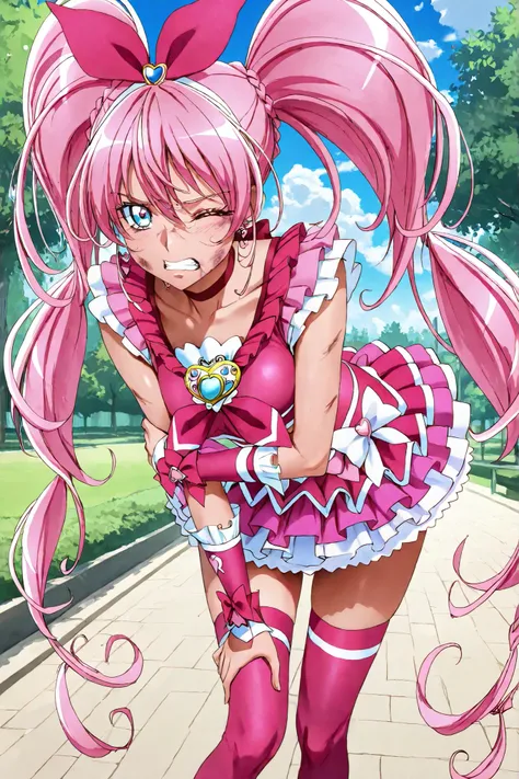 masterpiece,Highest Quality,source_anime,1girl, solo, ((cure melody)),white skin,blue eyes,Extremely cool ,full of personality,lean forward,Holding Your Own Arms,Parks,Blue Sky,cloud,Staring at the Audience,one eye closed,clenched my teeth, Face Bruise ,I'...