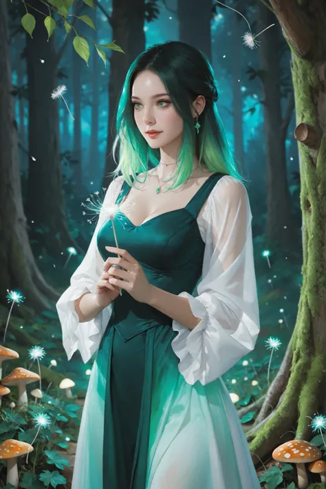 (masterpiece, best quality, ultra-detailed), 1girl, a beautiful teen girl with sparkling (green eyes) and long flowing (auburn hair). She is wearing a dress made of (glowing flowers and leaves). Enchanted forest setting, (bioluminescent mushrooms), (floati...