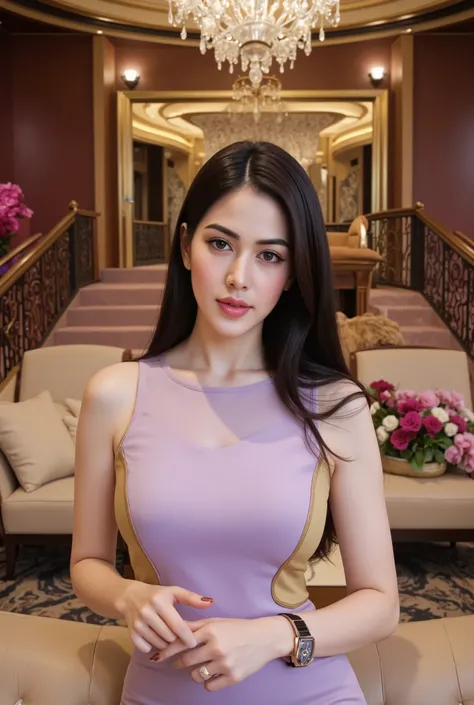 Cinematic photorealistic beautiful Indonesian woman with smooth white skin , ideal posture , wearing hijab,wearing a luxurious lilac gold gradation dress , cool watch ,, smiling sweet , eyes staring at the camera , pose walking tub model . luxury stai...