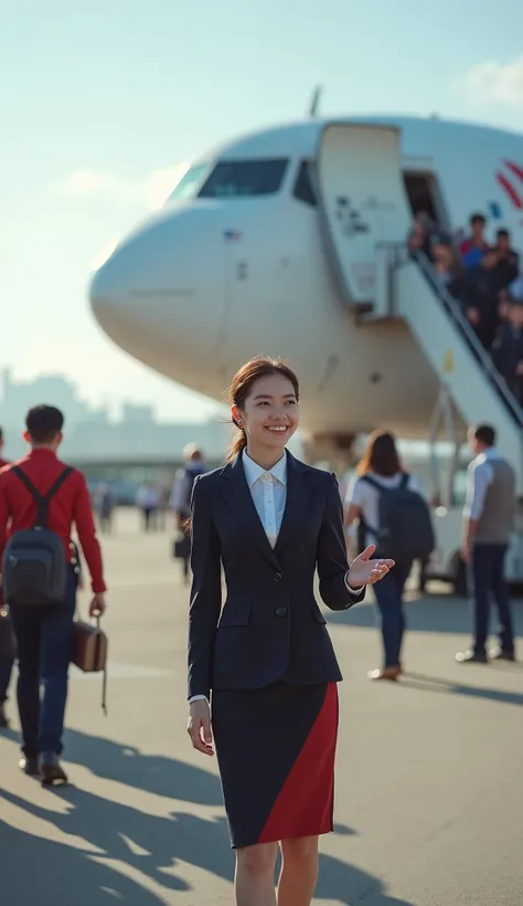 high-definition images、Girl greeting、airliner ramp after boarding procedures at the airport
