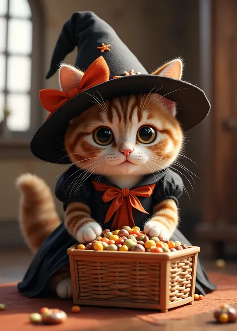 cute Japanese cat、 Fairyland 、 Halloween witch cosplay 、Witch Hat、cute cat in a Halloween dress、sexually attractive、in an old medieval house、big colorful box of candy、3D,high image quality、Realistic、Cinematic Lighting、fun atmosphere、high image quality、...
