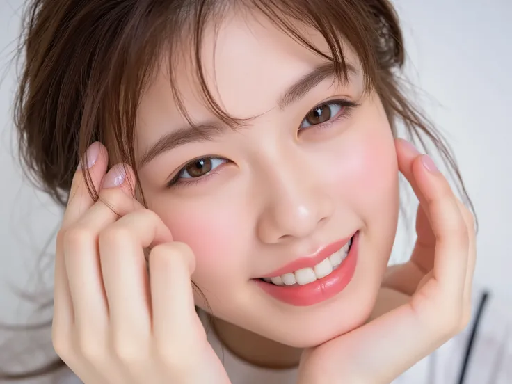 (Refined from an old photo, recreated in a modern, ultra high-quality photorealistic style, with a trendy Reiwa-era hairstyle: soft semi-long hair with natural waves and airy see-through bangs),
Ultra photorealistic close-up portrait of a beautiful Japan...