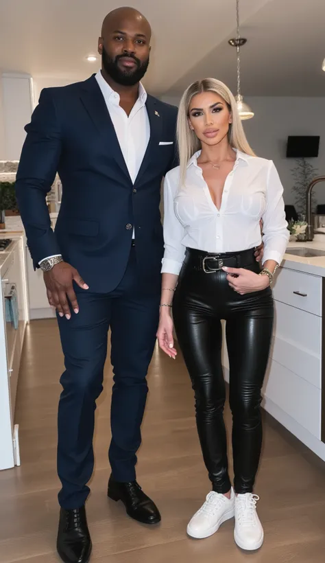 Kim Kardashian with short straight blonde hair in tight-fitting, white jeans shirt with collar and buttons and large cleavage , ,  wide black belt ,  ,in very tight black leather pants and white sneakers , Kim is standing in a modern kitchen, standing next...