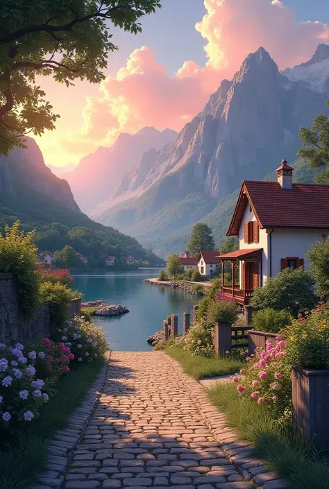 a small village by the river，Background is mountains，Flowers bloom，Brightly colored，Detailed Scenery，Beautiful Natural Scenery，Ambiance Lighting，Burning Sunsets，a warm color palette，utility，utility摄影，Detailed Leaves，Intricate architecture，cobblestone stree...