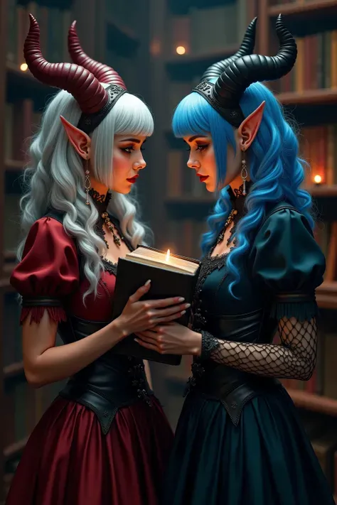 The twin devil sisters look at each other in a Victorian style library，The silver-haired sister with a cross earring on her left ear wears a leather waistband，The blue-haired sister in a Gothic Lolita dress，Two fingers touch the ancient magic book，Candleli...