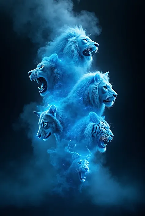 A highly detailed black and white mobile wallpaper featuring electric blue smoke transforming into various animal forms — a roaring lion, a soaring eagle, a howling wolf, a serene deer, and a majestic tiger — emerging from the smoke with glowing blue accen...