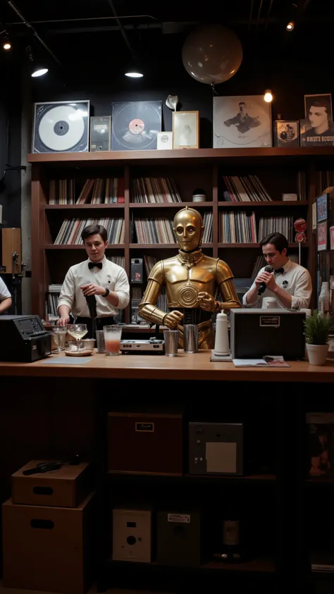 high-definition images、records in the basement of the D、C3PO manipulates 2 bar.J.is doing、building and talks to customers with a microphone