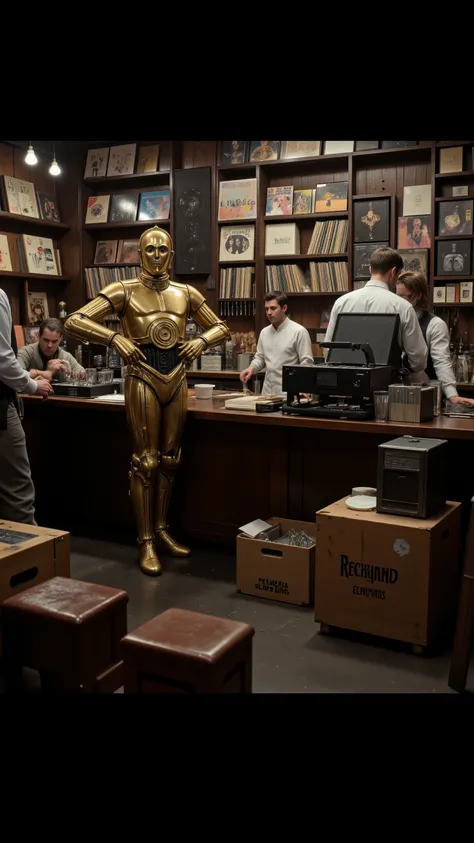 high-definition images、records in the basement of the D、C3PO manipulates 2 bar.J.is doing、building and talks to customers with a microphone