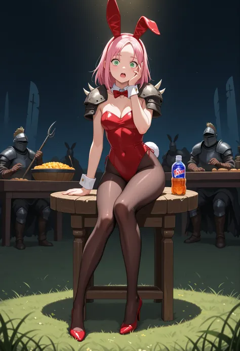Sakura Haruno. small breasts, huge hips, pink hair, medium hair, light green eyes, thin lips, very fair skin, big forehead.| (medieval fantasy tavern:1.2), (zPDXL2, zPDXLxxx, score_9, score_8_up, score_7_up:1.2), rating_questionable, nsfw pin up art by Mic...