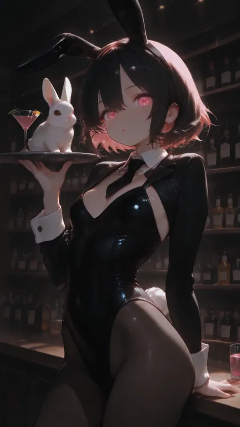 High Quality, Masterpiece, Super Detailed, a petite 135-centimeter tall bunny girl carrying a cocktail with a confident expression, her small body dressed in a black bunny suit maintains perfect proportions、The fluffy white rabbit tail on her back and the ...