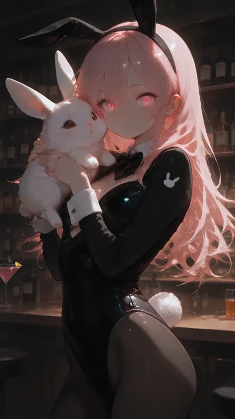 High Quality, Masterpiece, Super Detailed, a petite 135-centimeter tall bunny girl carrying a cocktail with a confident expression, her small body dressed in a black bunny suit maintains perfect proportions、The fluffy white rabbit tail on her back and the ...