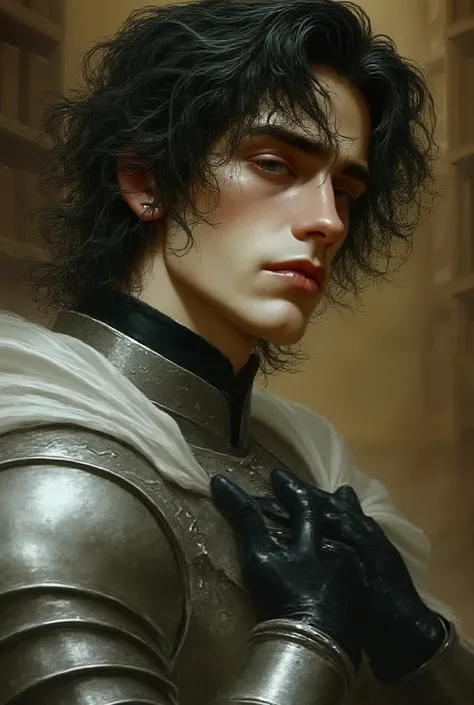 highly detailed, digital painting, soft painterly brushwork, oil painting style, baroque fantasy lighting, a young melancholic knight, flushed cheeks, slightly teary eyes, pale skin, long wavy black hair falling loosely around his face, sorrowful and vulne...