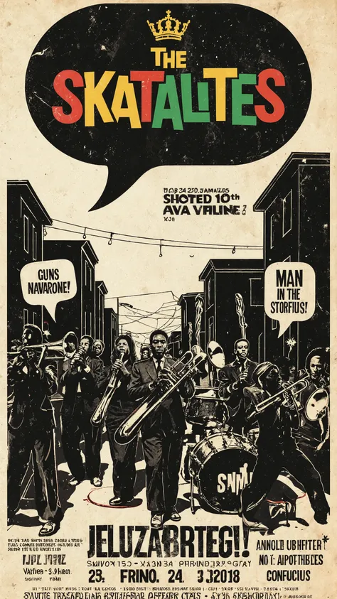 A vintage-style promotional poster for “The Skatalites.” At the center, boldly stylized red, green, and yellow lettering for “THE SKATALITES” is set against a black speech bubble background, topped with a small golden crown that evokes a celebratory atmosp...
