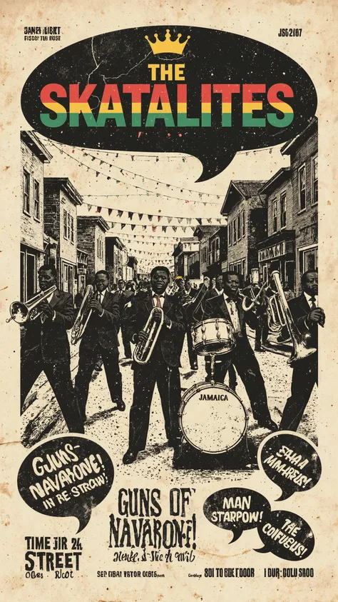 A vintage-style promotional poster for “The Skatalites.” At the center, boldly stylized red, green, and yellow lettering for “THE SKATALITES” is set against a black speech bubble background, topped with a small golden crown that evokes a celebratory atmosp...