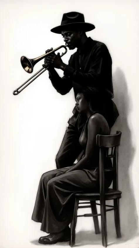 Charcoal Drawing,Minimal art,Vector Art,from back side,dynamic angle,dynamic pose,A color scheme using only black and white,A very simple Monochrome illustration with a vintage feel.black and white minimal art, A black man playing the trombone. Bending his...