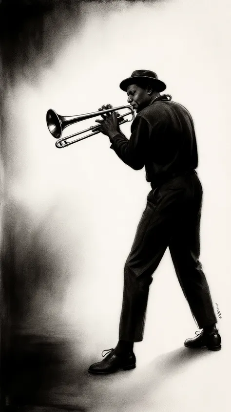 Charcoal Drawing,Minimal art,Vector Art,from side,dynamic angle,dynamic pose,A color scheme using only black and white,A very simple Monochrome illustration with a vintage feel.black and white minimal art, A black man playing the trombone. Bending his knee...